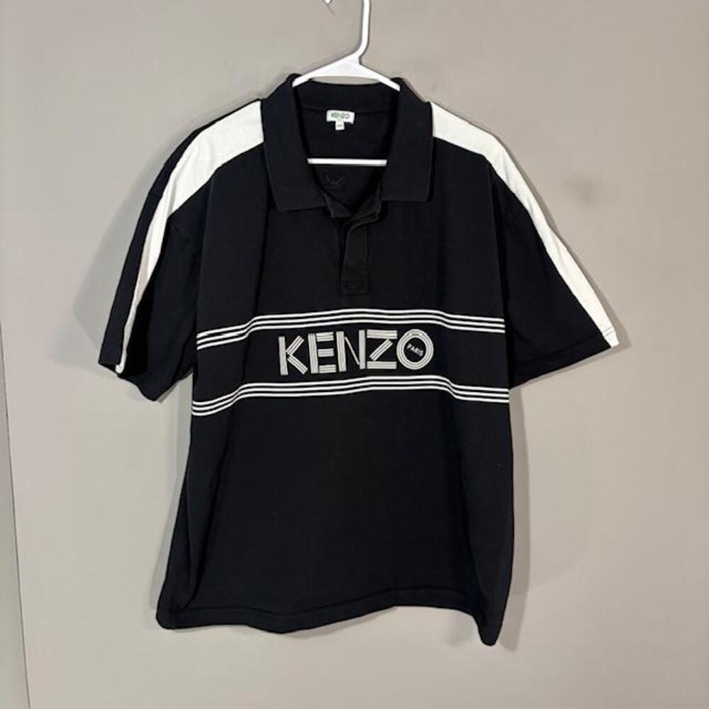 Kenzo Polo Shirt Mens 2XL Black Stripe Logo 100% Cotton Knit Casual Top